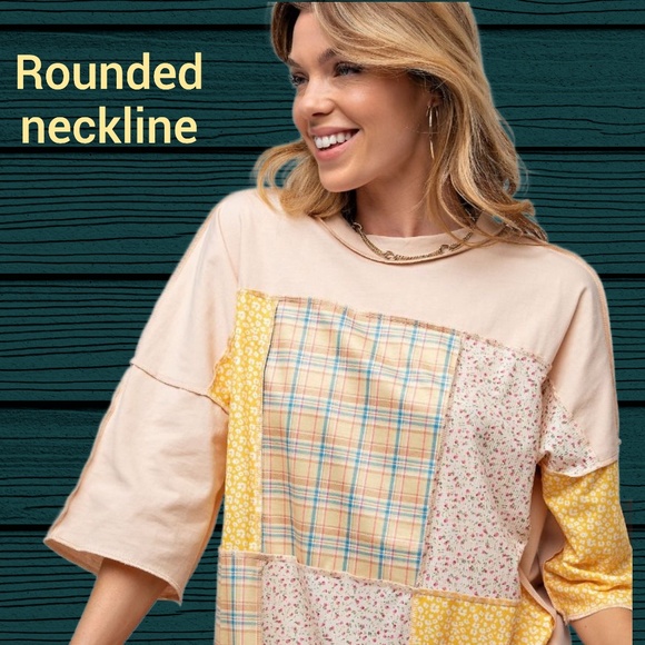 EASEL “Statement Tee” 100% Cotton Mix Print Patchwork Half Sleeves Exposed Seams - Picture 5 of 11